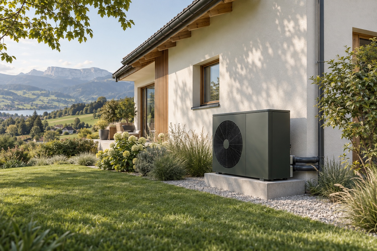 Illustration d’une pompe à chaleur extérieure près d’une maison, face aux montagnes suisses